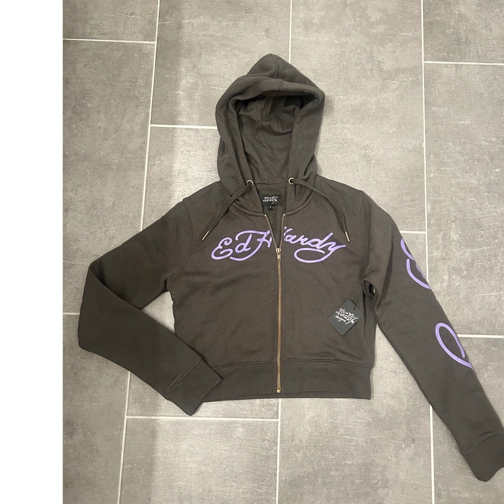 Ed Hardy Womens Cropped Zip Up Hoodie Charcoal Grey Purple Tattoo Graphic L NEW